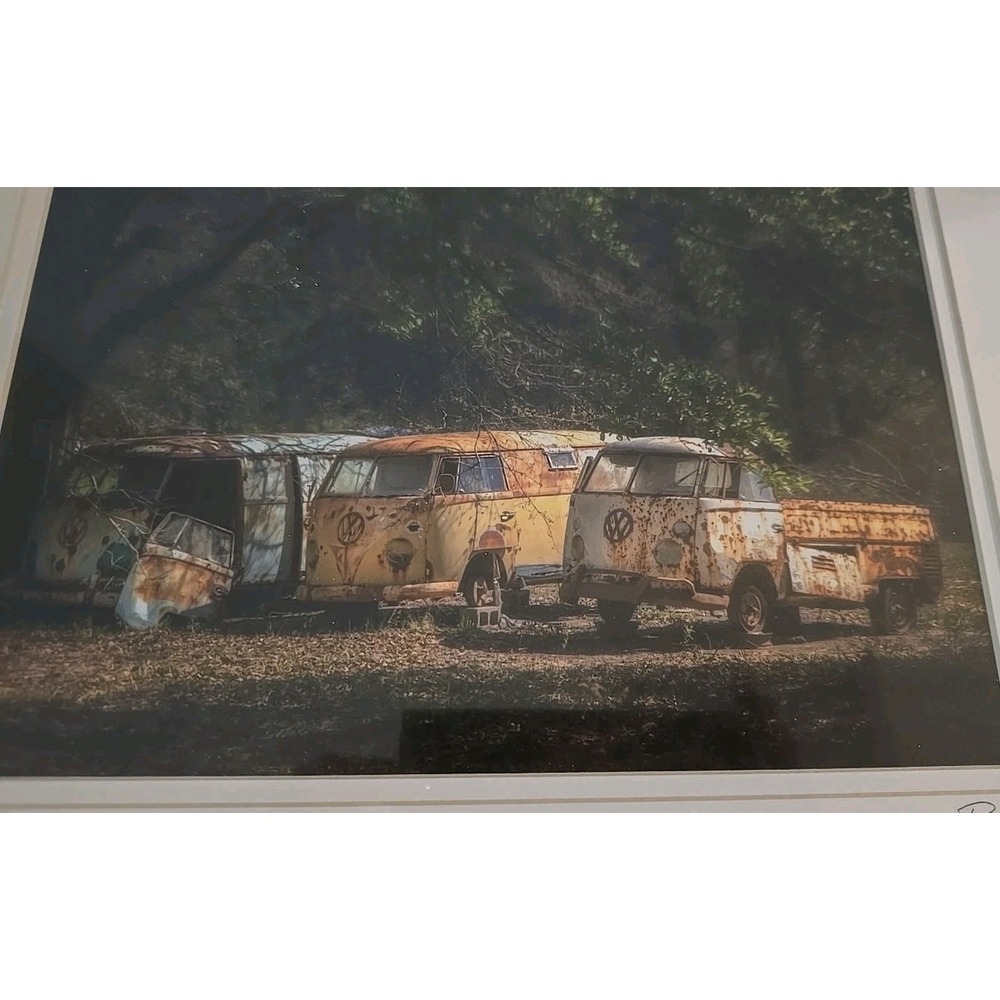Framed & Signed Art / 'VW Bus Graveyard' / Photograph w/ rusted VW buses & truck - Picture 2 of 4